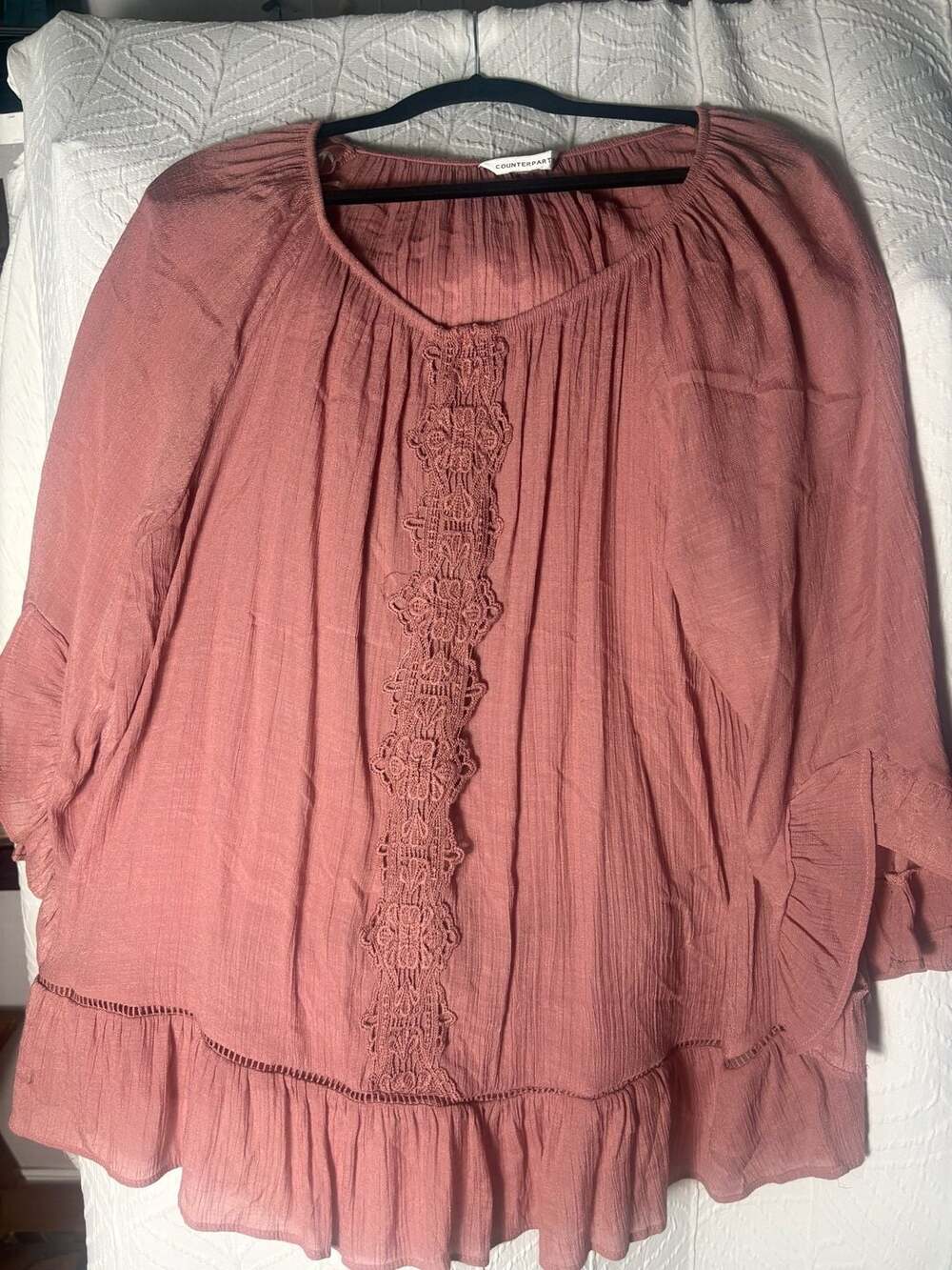 COUNTERPARTS Peasant Blouse Pink Lace Trim Ruffle Sleeve